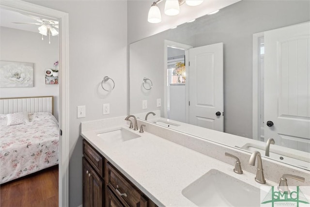 bathroom featuring double vanity, wood finished floors, and a sink