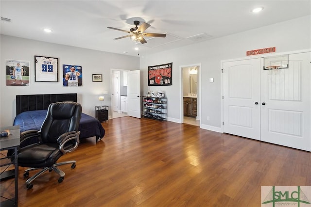 office space featuring a ceiling fan, wood finished floors, and recessed lighting