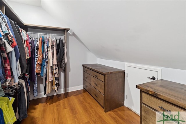 walk in closet with vaulted ceiling and wood finished floors