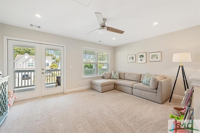 123 Canter Ct, Savannah, GA 31406 - living area featuring carpet flooring, a ceiling fan, baseboards, recessed lighting, and french doors