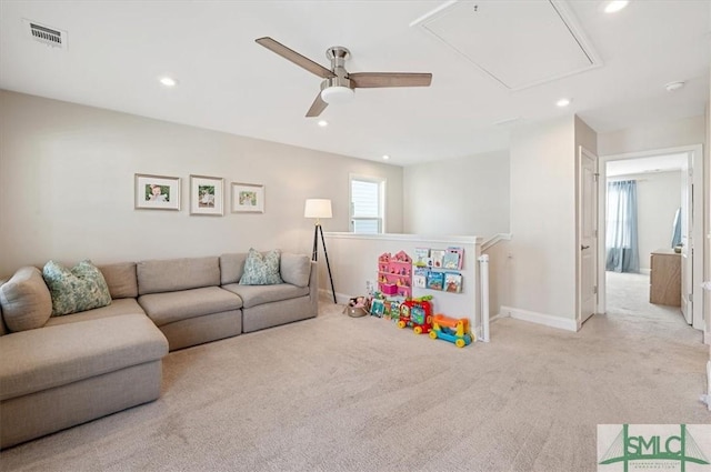 recreation room featuring recessed lighting, visible vents, baseboards, carpet, and attic access