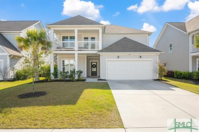 view of front of home featuring an attached garage, a balcony, concrete driveway, and a front yard