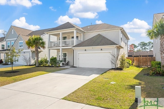 view of front of house with a garage, driveway, a balcony, fence, and a front lawn