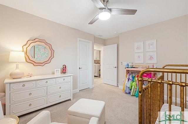 bedroom with baseboards, ceiling fan, and light colored carpet