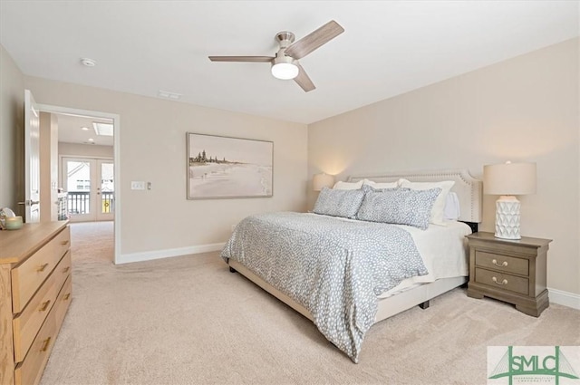 123 Canter Ct, Savannah, GA 31406 - bedroom featuring light colored carpet, baseboards, ceiling fan, and french doors
