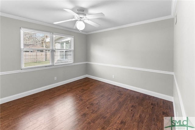 unfurnished room with crown molding, baseboards, and dark wood-style flooring