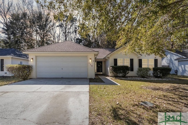 single story home featuring concrete driveway, an attached garage, and a front yard