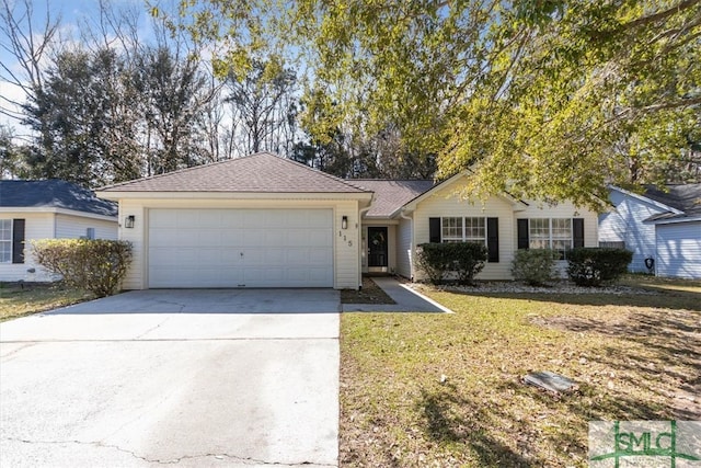 single story home featuring a front lawn, a garage, driveway, and roof with shingles