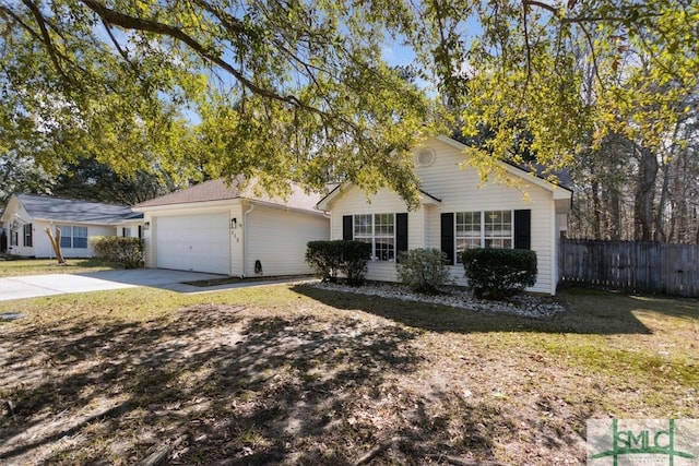 single story home with an attached garage, concrete driveway, a front lawn, and fence