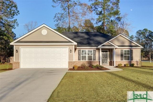 view of front facade with a garage, driveway, brick siding, and a front lawn