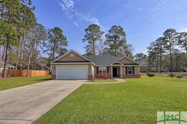 single story home with fence, concrete driveway, a front yard, an attached garage, and brick siding