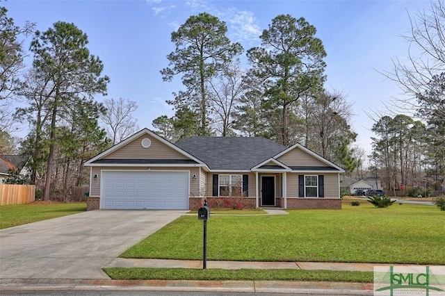 ranch-style house featuring a front yard, an attached garage, fence, and brick siding