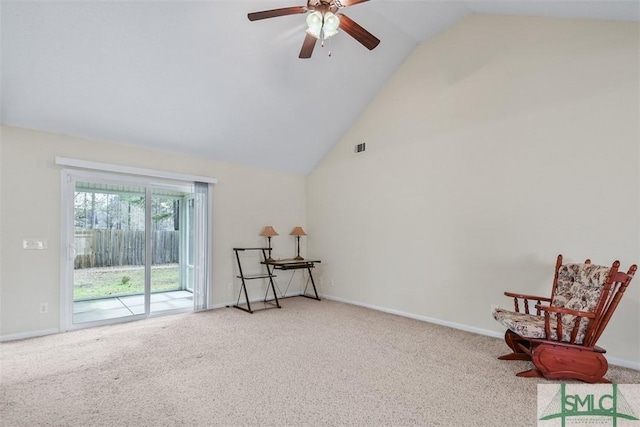 living area with baseboards, carpet floors, high vaulted ceiling, and ceiling fan