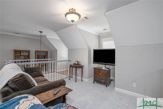 living area featuring visible vents, crown molding, baseboards, and carpet floors