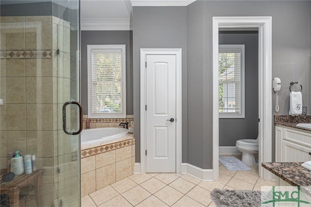 bathroom featuring tile patterned flooring, a shower stall, ornamental molding, a bath, and vanity