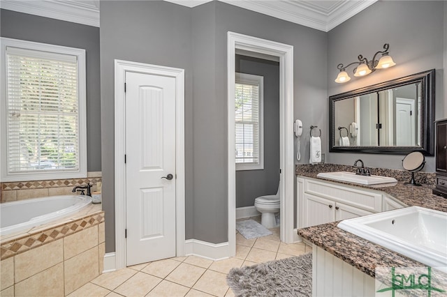 bathroom with a sink, plenty of natural light, ornamental molding, and tile patterned flooring