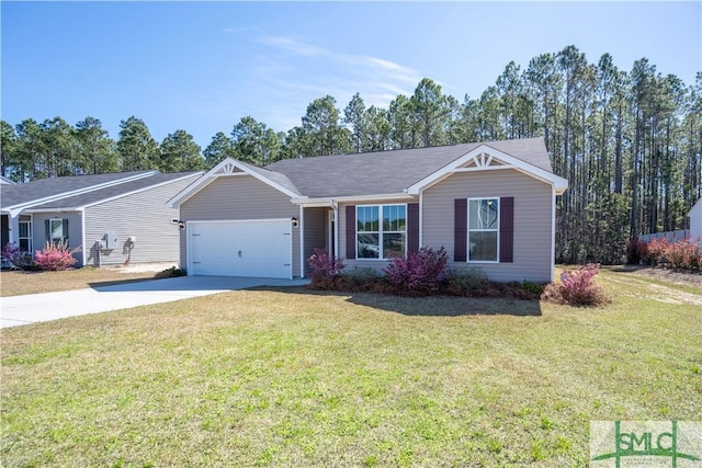 single story home featuring a garage, concrete driveway, and a front yard