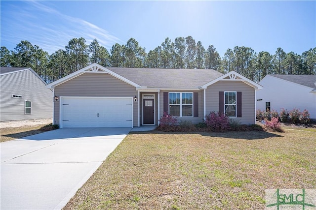 ranch-style home featuring an attached garage, concrete driveway, and a front lawn