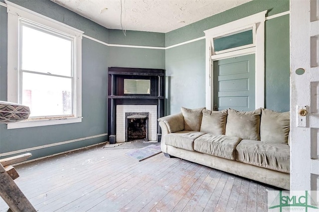 living room with baseboards, a fireplace, and hardwood / wood-style flooring