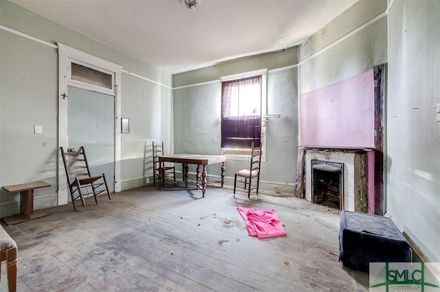 living room with wood-type flooring and a fireplace