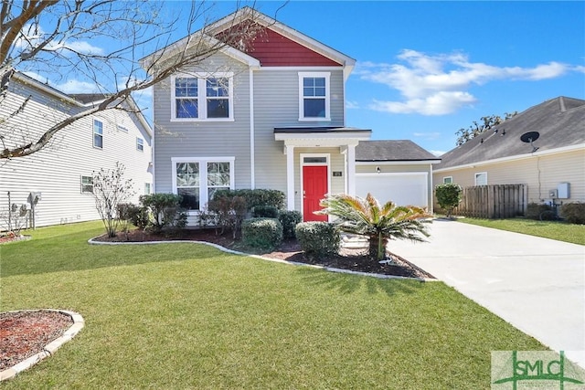 view of front facade featuring a front yard, concrete driveway, fence, and a garage