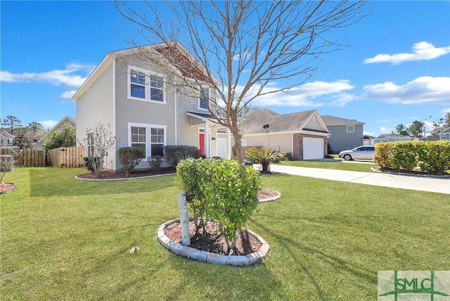 view of front of home featuring a front lawn, concrete driveway, a garage, and fence