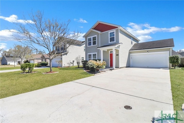 view of front facade with a garage, a residential view, driveway, and a front yard