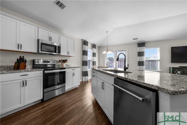 kitchen featuring visible vents, dark wood finished floors, lofted ceiling, stainless steel appliances, and a sink