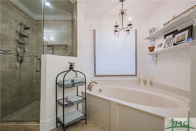 full bath featuring a notable chandelier, a garden tub, a stall shower, and crown molding