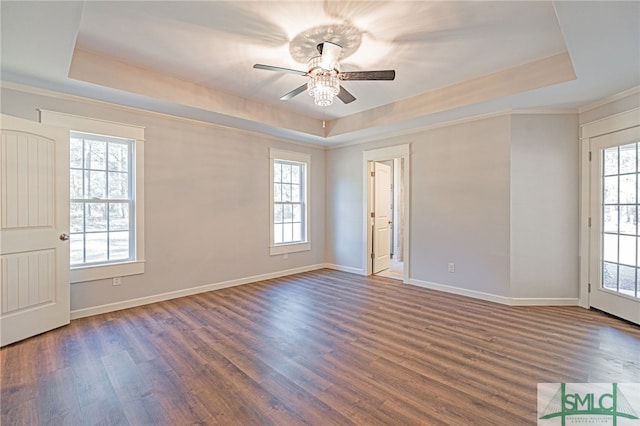 unfurnished room featuring a wealth of natural light, a tray ceiling, and wood finished floors