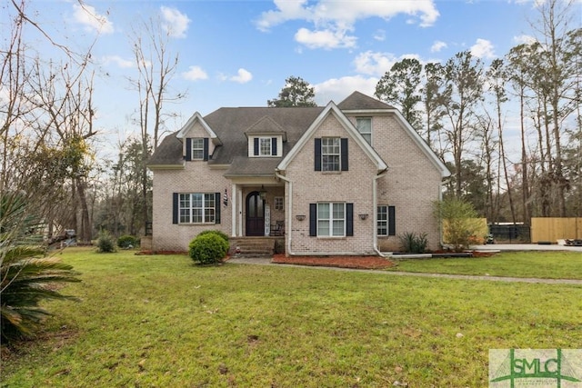 traditional-style house featuring brick siding and a front lawn