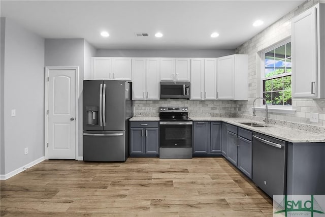 kitchen with light wood finished floors, gray cabinetry, a sink, appliances with stainless steel finishes, and backsplash