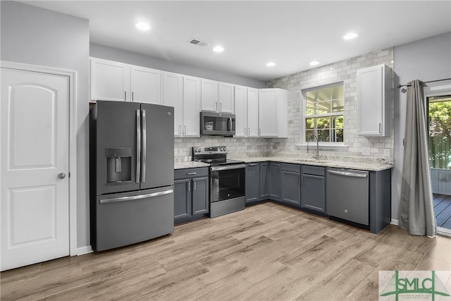 kitchen featuring visible vents, a sink, stainless steel appliances, tasteful backsplash, and light wood-type flooring