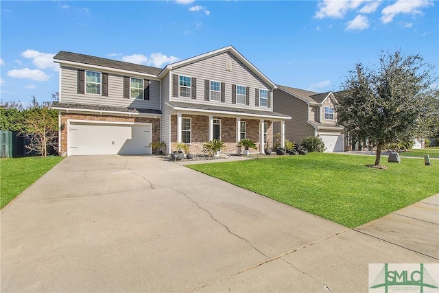 traditional-style home featuring driveway, a porch, a front yard, a garage, and brick siding