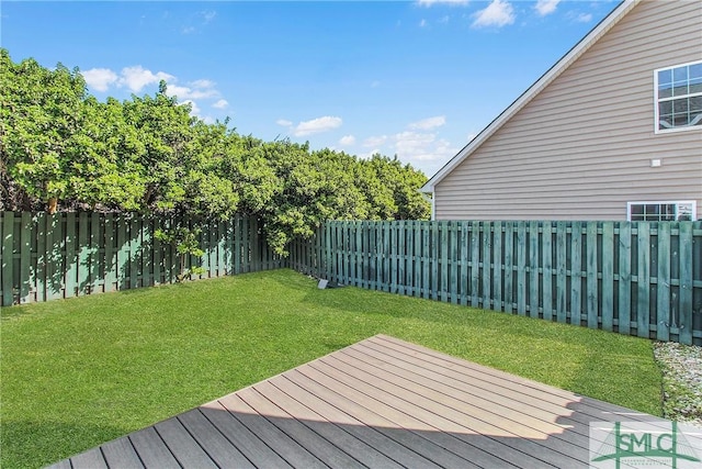 wooden terrace with a lawn and a fenced backyard