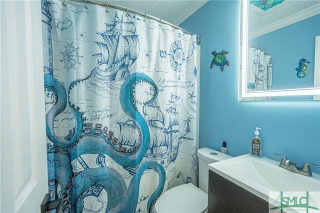 full bathroom with crown molding, toilet, a shower with shower curtain, a textured ceiling, and vanity