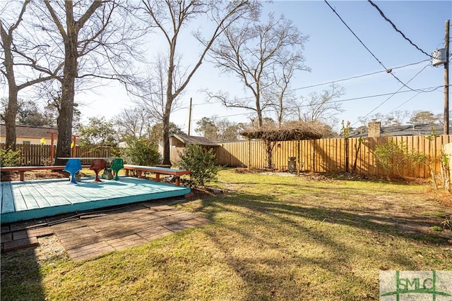 view of yard with a deck and a fenced backyard