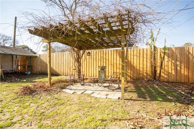 view of yard with an outbuilding, a fenced backyard, and a patio area