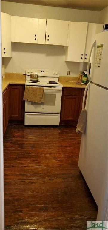 kitchen featuring dark wood finished floors, white appliances, white cabinets, and light countertops