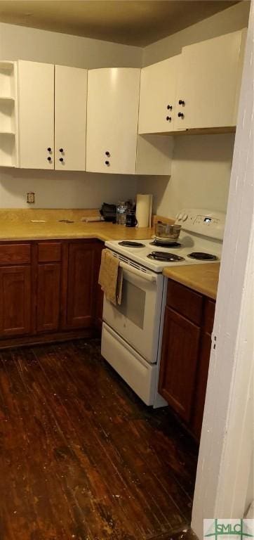 kitchen featuring light countertops, dark wood-style floors, open shelves, and white electric stove