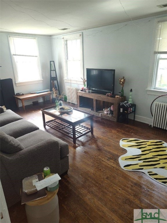 living area with plenty of natural light, wood finished floors, and radiator heating unit