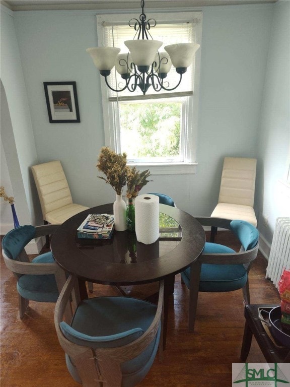 dining room with wood finished floors, radiator, and a chandelier