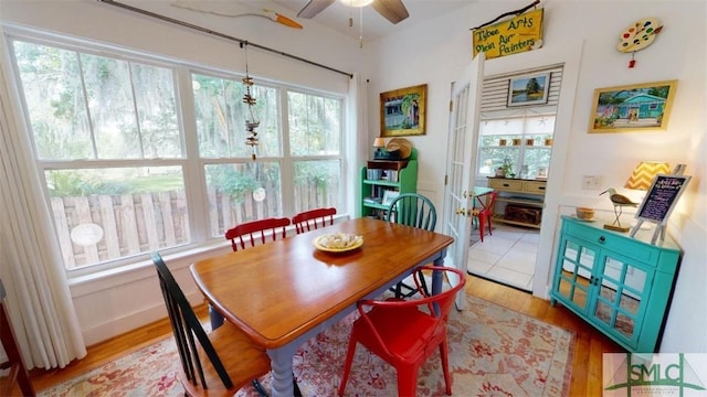 dining room featuring a ceiling fan and wood finished floors