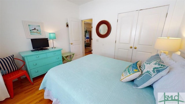 bedroom featuring wood finished floors and a closet