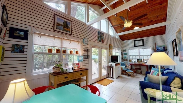 interior space with a ceiling fan, wooden ceiling, french doors, and high vaulted ceiling