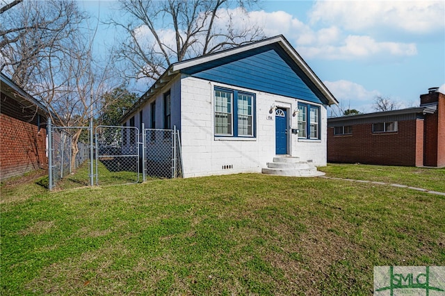 bungalow-style house featuring entry steps, a front yard, concrete block siding, crawl space, and a gate