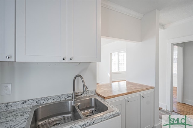 kitchen featuring light wood finished floors, white cabinets, ornamental molding, and a sink