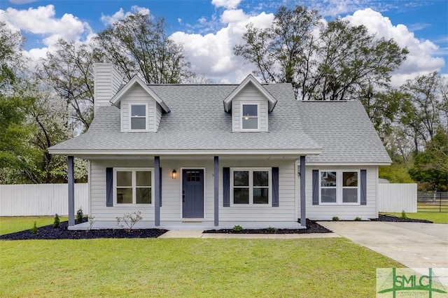 cape cod-style house featuring a porch, fence, a front yard, a shingled roof, and a chimney