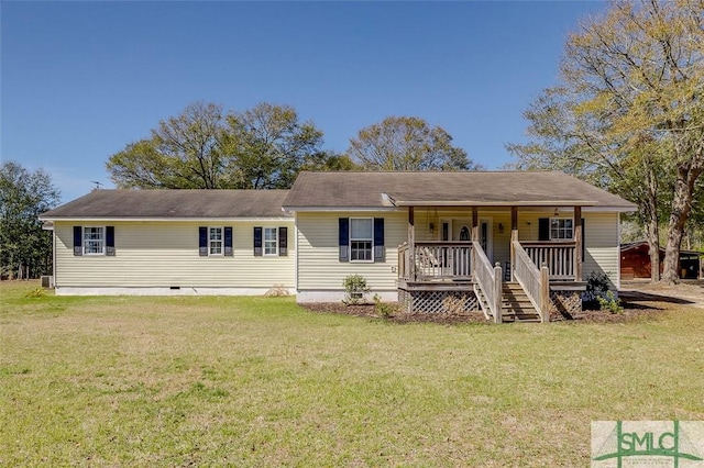 view of front facade featuring a porch, a front yard, and crawl space