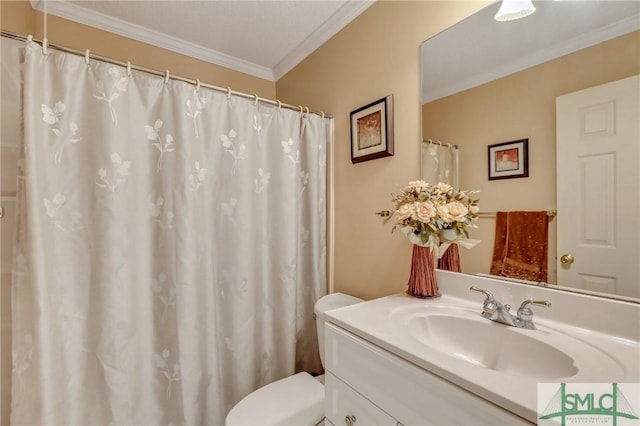 bathroom featuring vanity, crown molding, toilet, and a shower with shower curtain